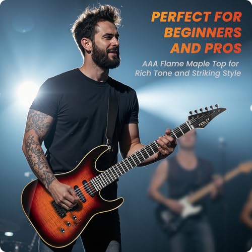 39" Solid Body Electric Guitar: Electric Guitar Kit with Bone Nut, Full Size 6 String Guitars with 24 Frets, Poplar Body AAA Flame Maple Top, Guitarra Electrica with HSS Ceramic Pickup,Black