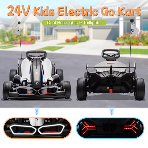 36V Electric Go Kart for Kids, Licensed BMW Battery Powered Drift Racing Go Kart, 7.5 MPH Drift Kart with Dual 300W Powerful Motor, Kids Race Pedal Go Karting Car w/Adjustable Speed, White