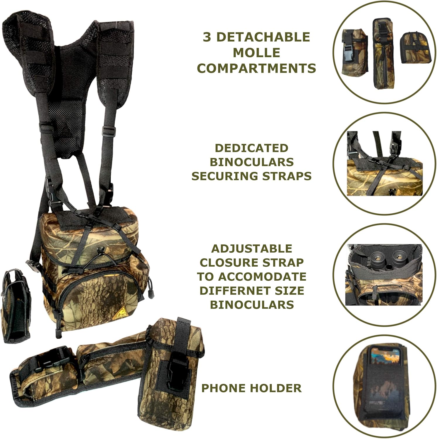 Binoculars Harness Case pack, Bino Pack with Rangefinder Compartment - Detachable Molle Compartments Camouflage for Hunting, Hiking and Birdwatching