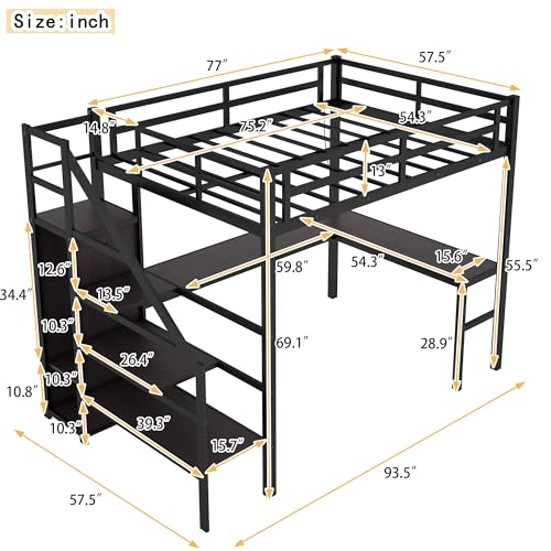 Wood Full Size Gaming Loft Bed with Desk, Multi-storage Shelves, LED and Charging Station，Suit High Loft Bed Frame with Bookshelf for Kids Teens Adults (Black, Full)