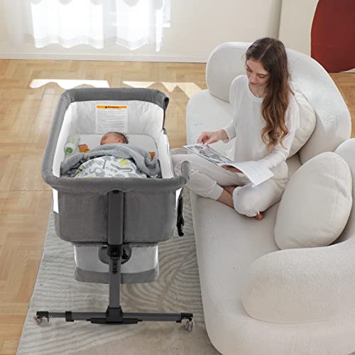 Ihoming Baby Bassinet Bedside Sleeper, 3 in 1 Convertible Design, lnfant Bed & Bed Side Sleeper & Cradle Bassinets, Newborn Bedside Crib Attaches to Bed, Pink