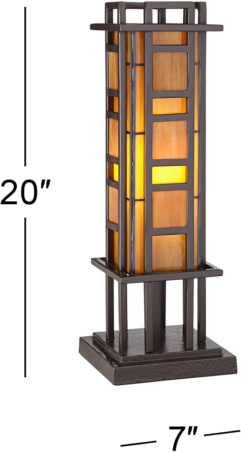 Robert Louis Tiffany Prairie Style Mission Rustic Pillar Accent Table Lamp Bronze Iron Column Hand-Cut Amber Stained Art Glass for Living Room Bedroom House Bedside Nightstand Home Office Family