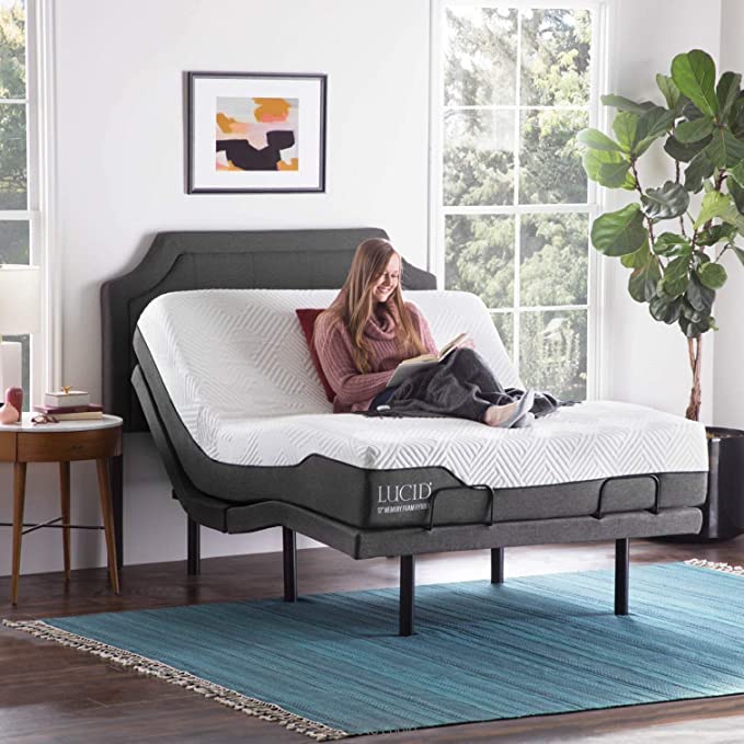 LUCID L300 Adjustable Bed Base with Lucid 12 Inch Memory Foam Hybrid Mattress - Full