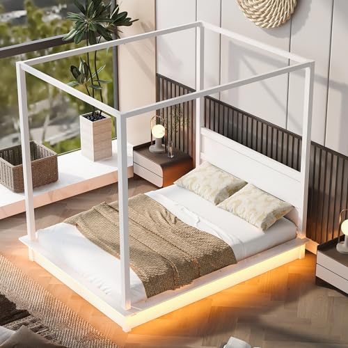 Bellemave Canopy Bed Frame Wood Four Posters Twin/Full/Queen/King LED Platform Bed with Built-in Headboard Strong Wooden Slat Support, No Box Spring Needed,White (Full)