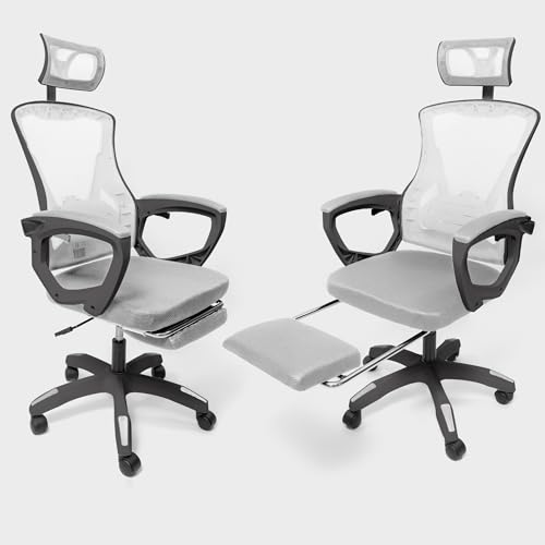 Ergonomic Office Chair w/Reclining High Back Adjustable Headrest Foot Rest & Wheels - Comfortable Mesh Chair for Lumbar Support - Swivel & Tilt Function Black Frame - Blue mesh