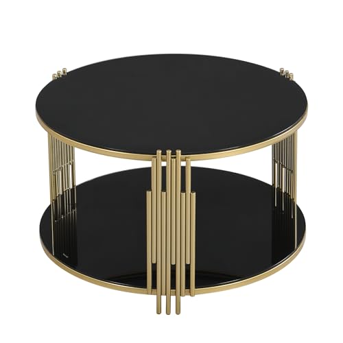 LUMISOL Round Mirror Coffee Table with Tempered Glass Tabletop and Circular Metal Drum Base, 31.5" Cocktail Table with Asymmetrical Metal Tubing, Black