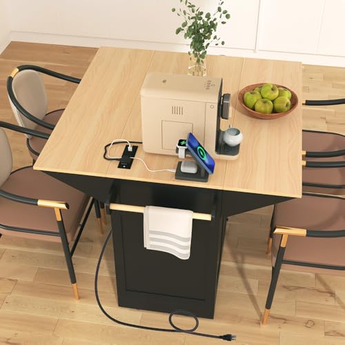 Rolling Kitchen Island with 2 Drop Leaf and Power Outlet, Island Table on Wheels with Towel Rack and Spice Rack, Kitchen Cart with Storage Cabinet and Drawers (White)