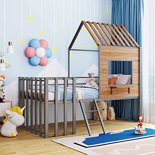 Harper & Bright Designs Kids House Beds Low Loft Bed Frame with Roof, Window, Guardrail and Ladder, Metal Twin Size Loft Bed for Kids Teens Girls Boys (Twin, White)