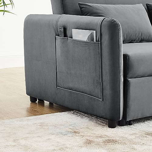 3-in-1 Versatile Convertible Sofa Bed, Velvet Double Sofa with Pull-out Bed, Futon Couch with Adjustable Backrest and Side Pocket,Loveseats Sofa Bed,Square Arms, for Living Room Apartment, Grey