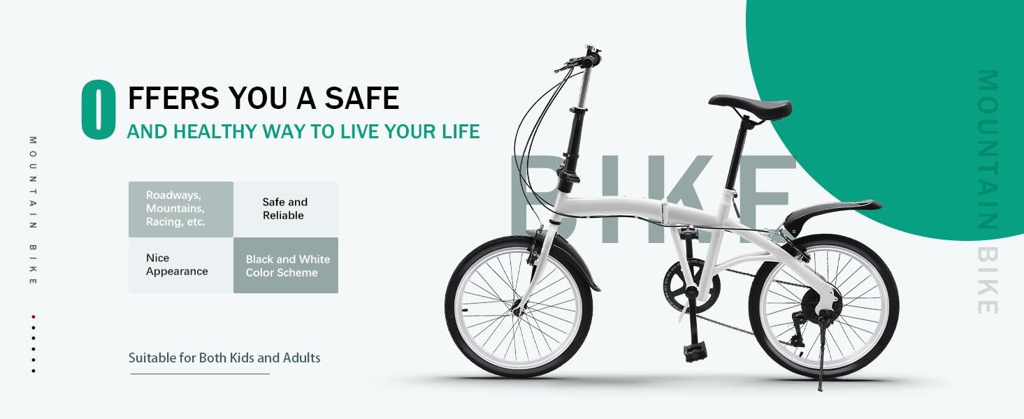 Adult Folding Bike, 20" 28 lbs White Folding City Bicycle with 7 Speed Shifter, 198lbs Load Capacity Light Weight Carbon Steel Height Adjustable Camping Bicycle Folding Bike for Adult