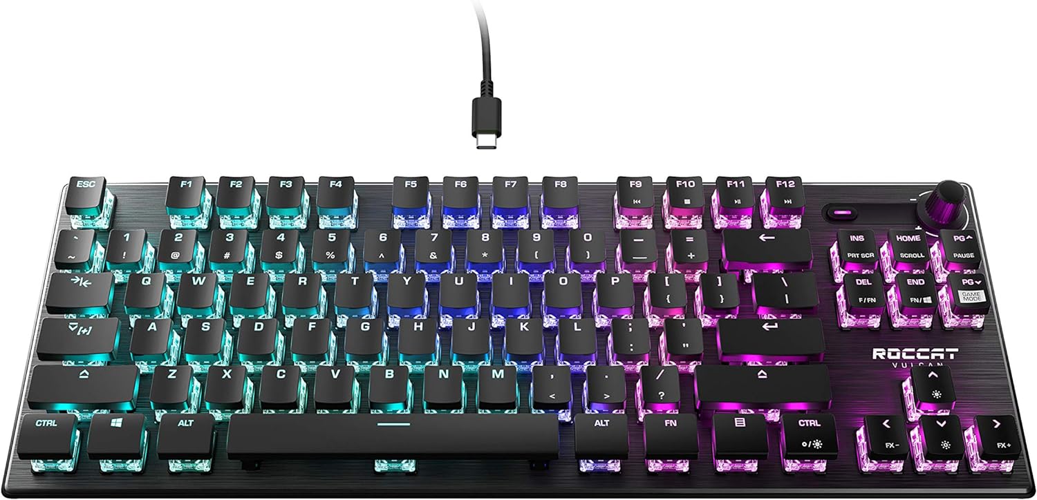 ROCCAT Vulcan TKL Linear PC Gaming Keyboard, Titan Switch Mechanical with Per Key AIMO RGB Lighting, Tenkeyless, Compact Design, Anodized Aluminum Top Plate, Detachable USB-C Cable, Black