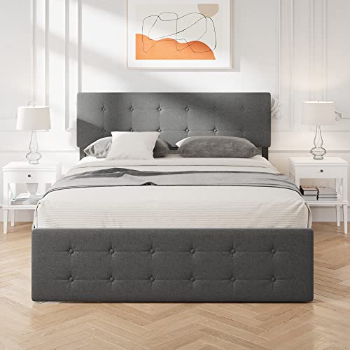 Queen Frame with 4 Storage Drawers,Grey Queen Size Upholstered Platform Bed Frame with Headboard and Wooden Slats Support No Box Spring Needed