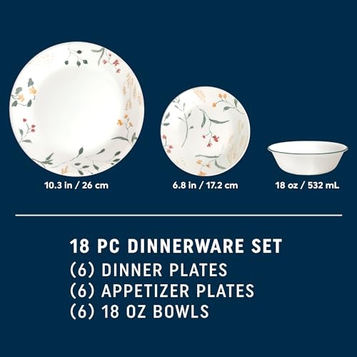 Corelle Vitrelle 18-Piece Dinnerware Sets, Service for 6, Triple Layer Chip Resistant Glass Plates & Bowls, Portofino & Wildflower