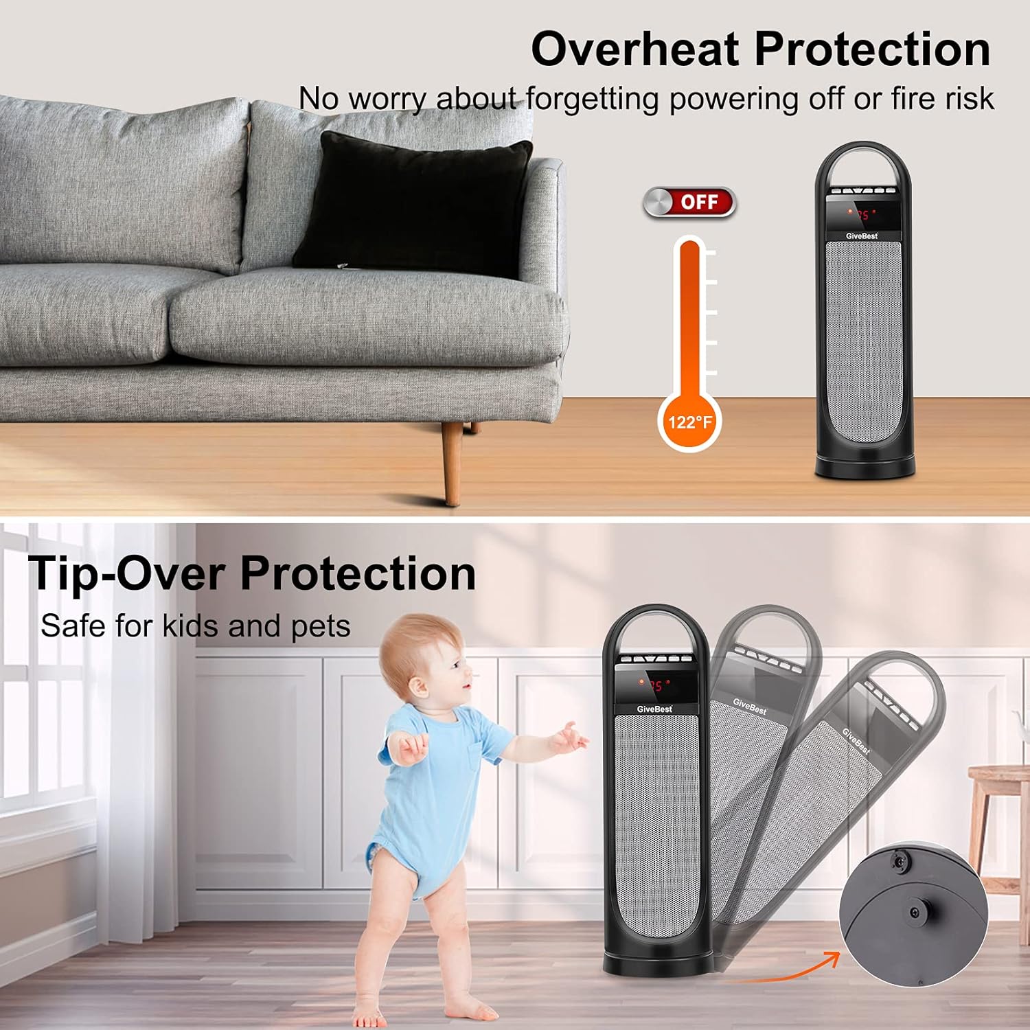 GiveBest Tower Space Heater, Portable Ceramic Heater 1500W/900W with Remote Control, Timer, Thermostat, Overheat & Tip-Over Protection, Rotating Electric Heater for Room Home Office Garage Indoor Use