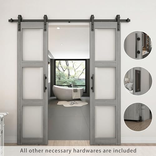 BARNSMITH 21x84in Double Glass Barn Door with 7FT Brushed Nickle Sliding Door Hardware Kit Included & Handle,3-Panel Frosted Glass Solid Wood Water-Proof PVC Surface,Pre-Drilled Easy Assembly,White