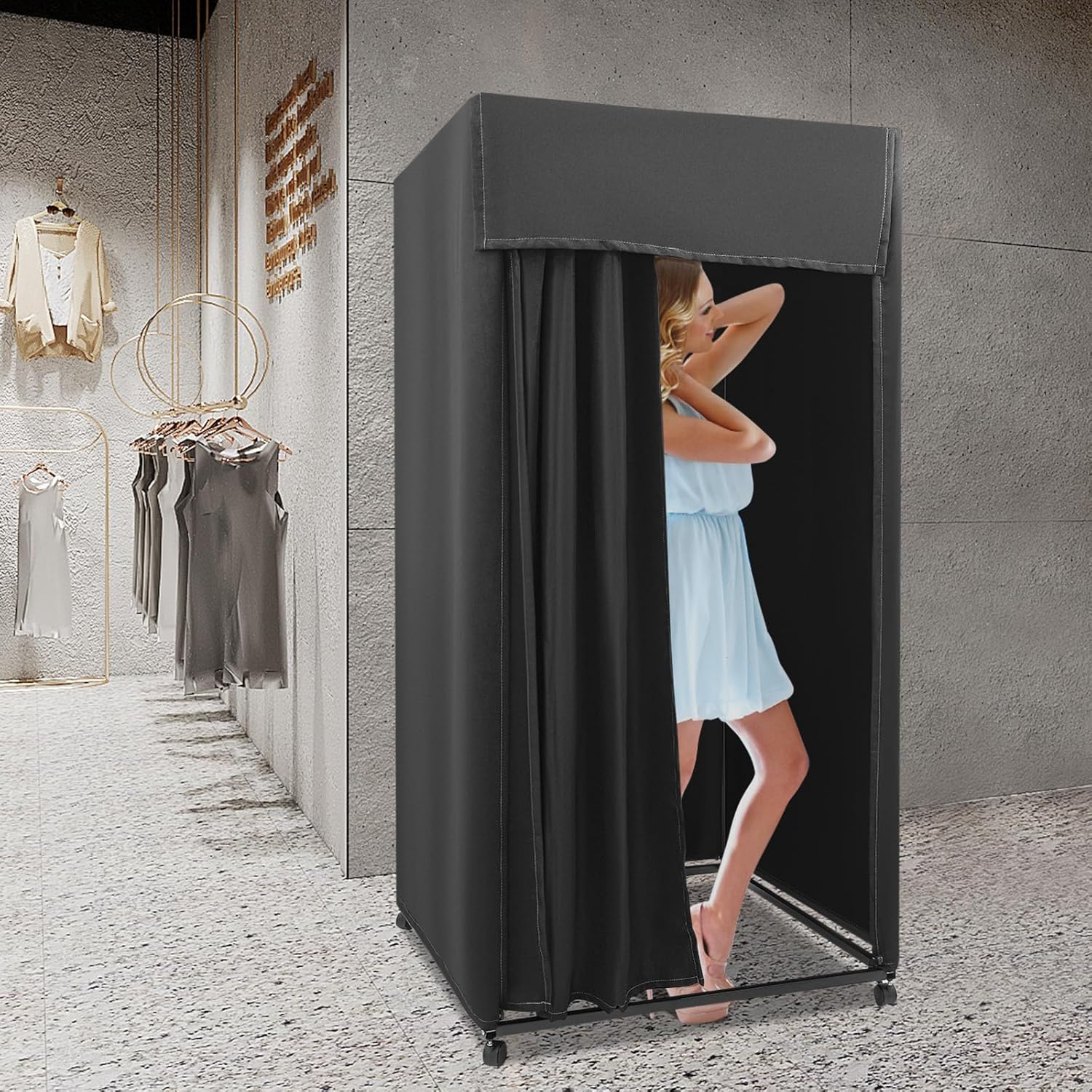 Fitting Room, Portable Dressing Room w/Shading Curtain&Vientiane Wheel&Hook Up, Movable Fitting Room for Beach, Campsites, Model Show, Shopping Mall, Office, Store