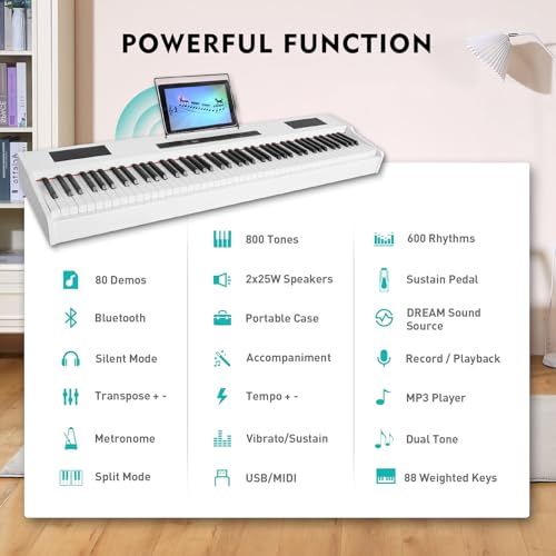 MUSTAR Digital Piano 88 Key Weighted Keyboard Hammer Action, MDP-1200 Weighted Keyboard with Stand, Full Size Electric Piano Keyboard 88 Keys with for Beginners, Portable Case, Sustain Pedal, Black