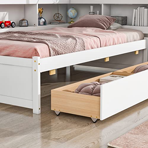 Twin Size Platform Bed with L-shaped Bookcase Headboard and 2 Storage Drawers, Pine Wood Daybed Captains Bed with Bookshelf for Kids Boys Girls, White