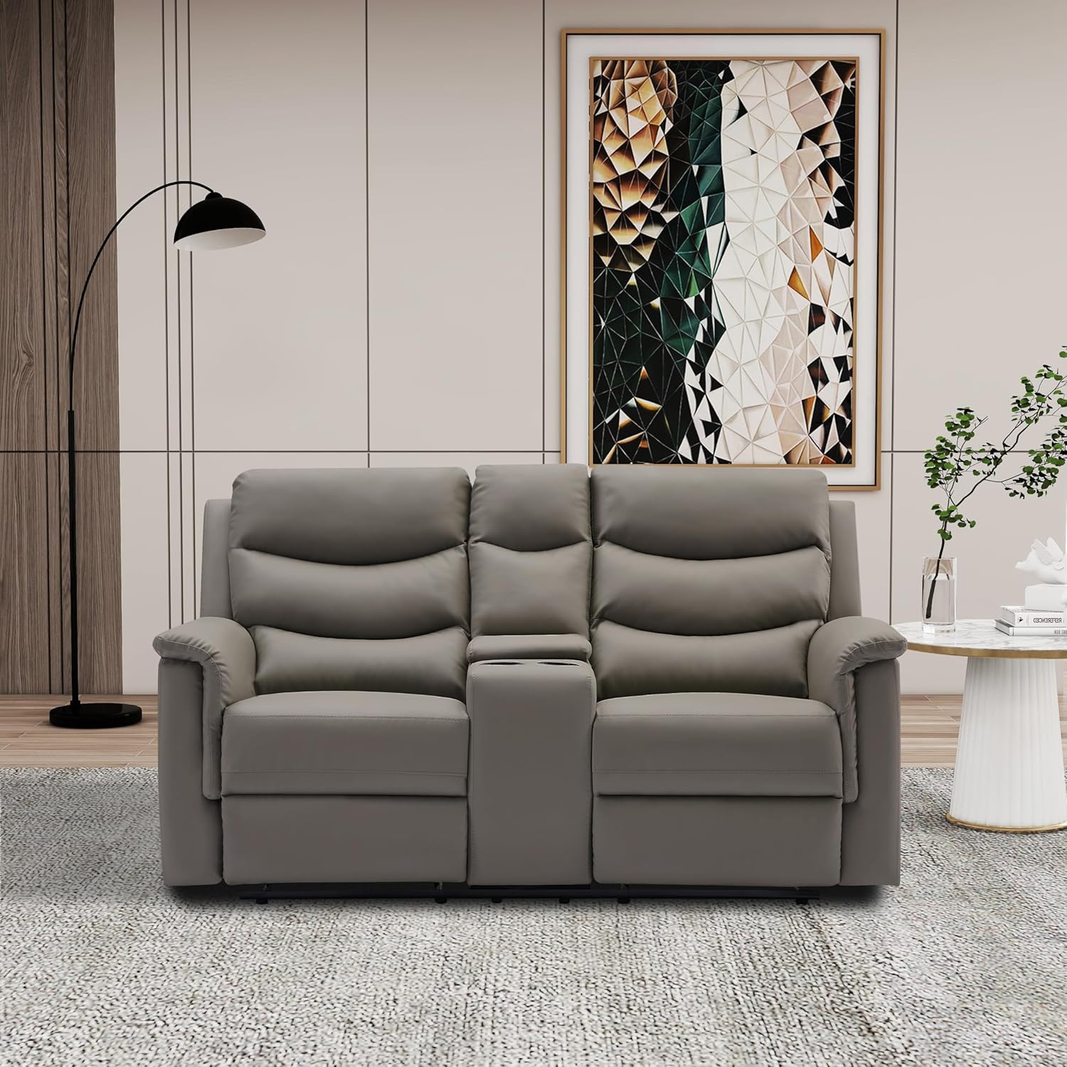 Faxu Leather Love, Manual Double Reclining Loveseat Sofa, Home Theater Seating with Storage Console, Wall Hug RV Couch with Cup Holders for Living Room Furniture Sets, Grey