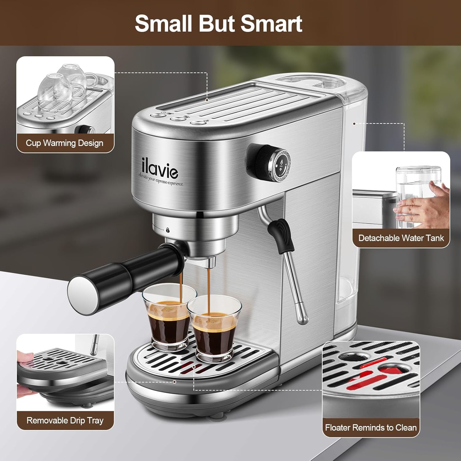 Espresso Coffee Machine for Home 20 Bar, Professional Compact Cappuccino Machine Maker for Latte, with 40oz Detachable Water Tank, 1350W Strong Power, Stainless Steel