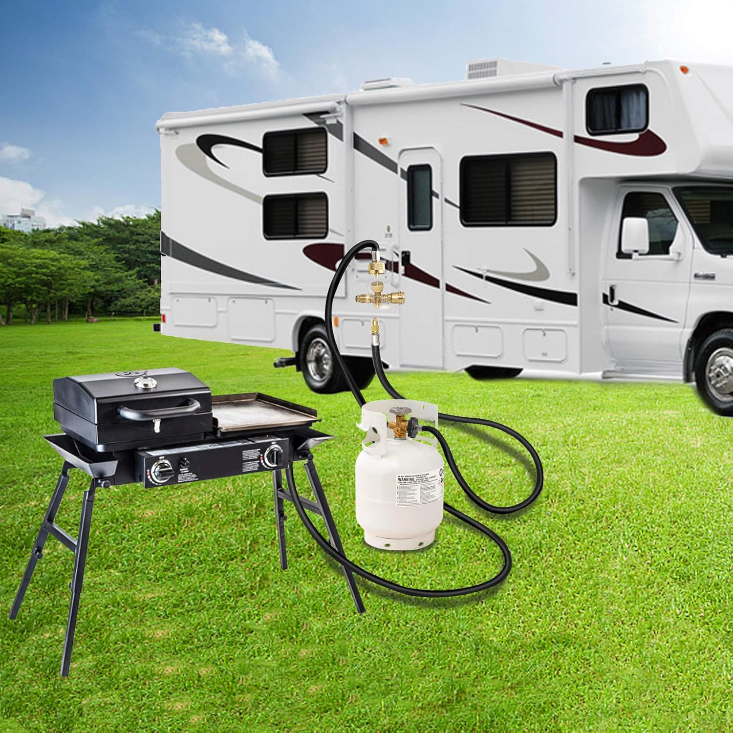 New Upgraded Propane Brass Tee Adapter Kit 4-Port Propane Brass Tee 5ft and 12ft Hoses Allows for Connection Between Auxiliary Propane Cylinder and Propane Appliances for Motorhomes Tank RV Camping