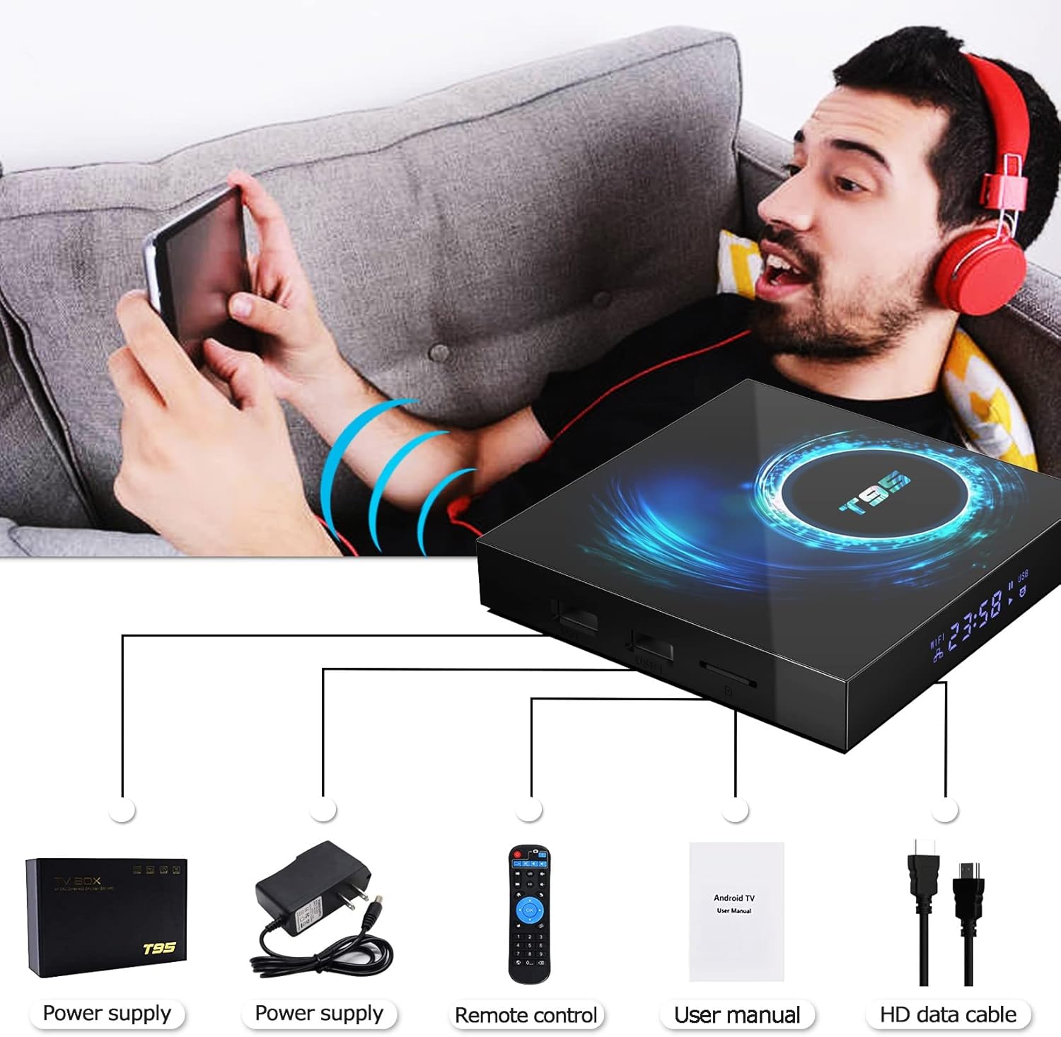 Android 10.0 TV Box 4GB RAM 64GB ROM,Android TV Box Quad-Core CPU Support Dual-WiFi 2.4G/5GHz Bluetooth Ultra HD 6K Android Box with Wireless Mini Keyboard Pack of 2