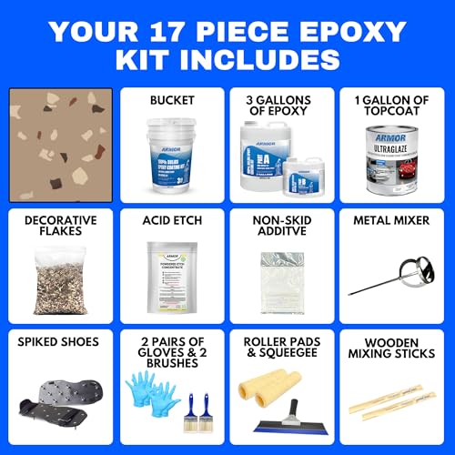 Garage Epoxy Floor Kit – 100% Solids - 2 Part Industrial-Grade Coating w/UltraGlaze Topcoat | DIY Slip & Hot Tire Resistant | 300 Sq Ft - Blue - 17 pc kit