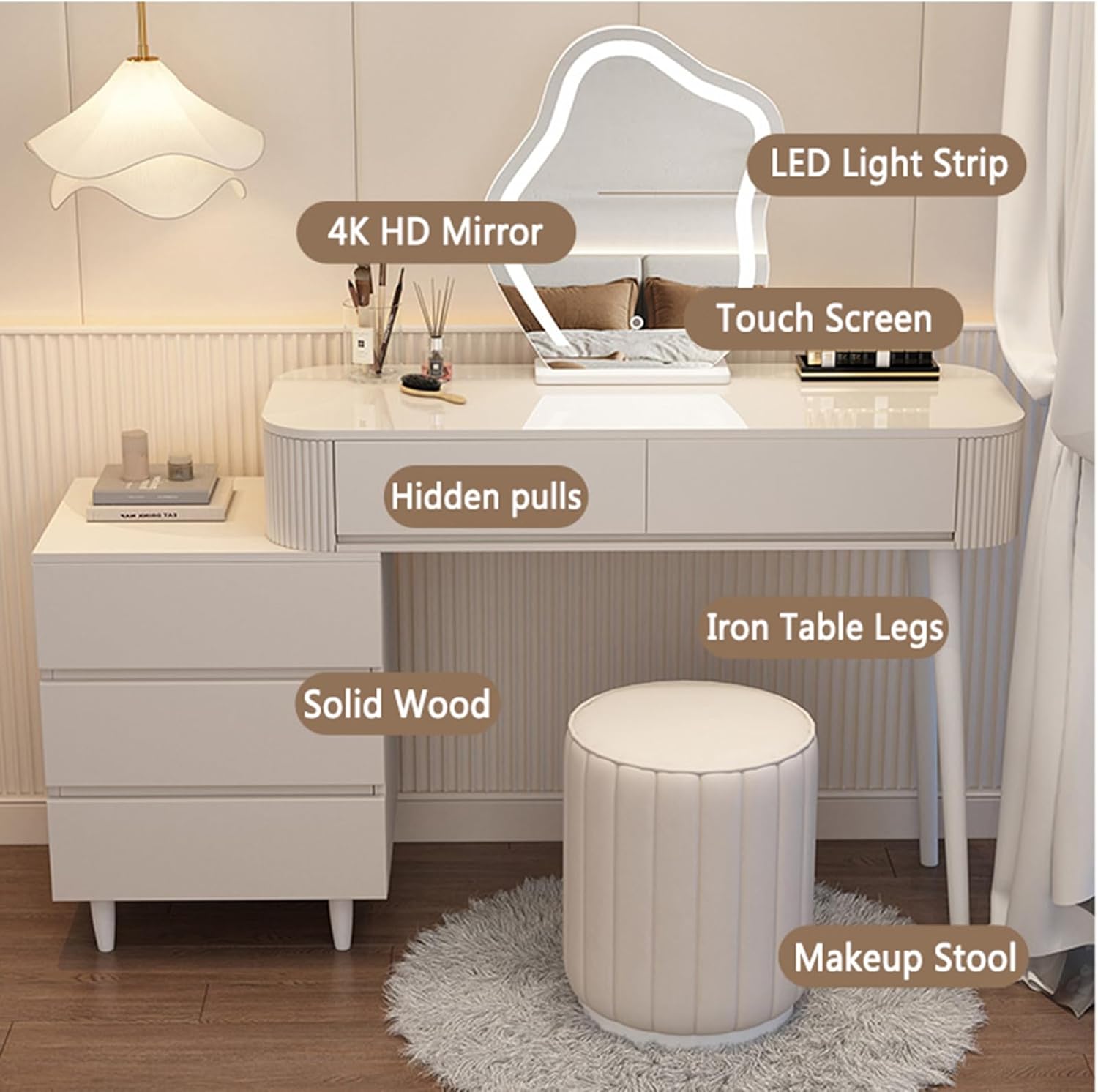 Scalable Modern Style Makeup Vanity Table with Lighted Mirror, 3 Lighting Modes Adjustable, Fashion Bedroom Large Capacity Dressing Table as for Parents Wife or Girlfriends