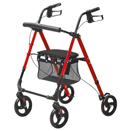 VEVOR Folding Rollator Walker for Seniors, Lightweight Aluminum Rolling Walker with Adjustable Seat and Handle, Outdoor Mobility Rollator Walker with 8" All Terrain Wheels, 300LB Support, Blue + Black