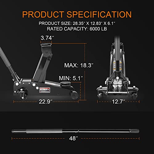 Torin T83505W BlackJack Hydraulic Low Profile Steel Racing Floor Jack with Single Piston Quick Lift Pump, 3 Ton (6,000 lb) Capacity, Black