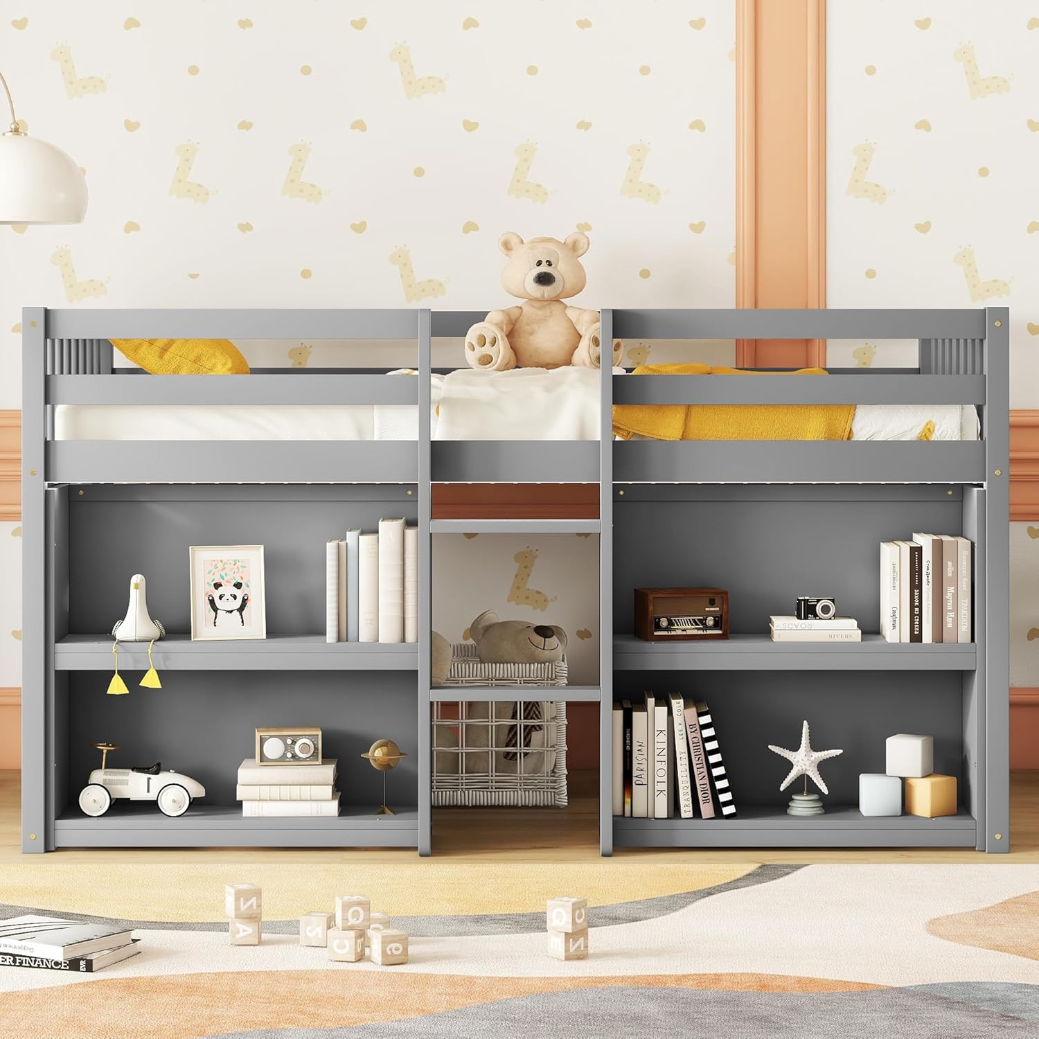 LED Twin Size Low Loft Bed for Kids,Twin Loft Bed with Storage Shelves,Kids Low Loft Bed Frame with LED Light,Space Saving, Grey