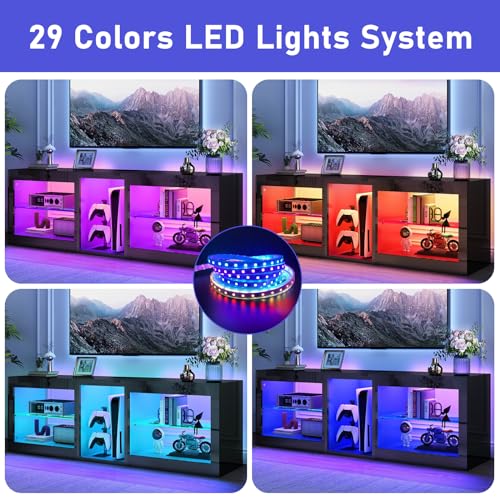 LED TV Stands W/Power Outlet for 50 55 60 65Inch TV,Black Entertainment Center W/70000-Colors Lights,High Gloss LED TV Console w/Adjustable Glass Shelves for Living Room Gameroom