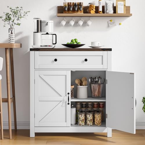 Walnut Buffet Sideboard Cabinet with 2 Barn Doors, Farmhouse Coffee Bar Cabinet, Bathroom Cabinet with Adjustable Shelf, Storage Cabinet for Kitchen, Living Room, Entryway, Bathroom