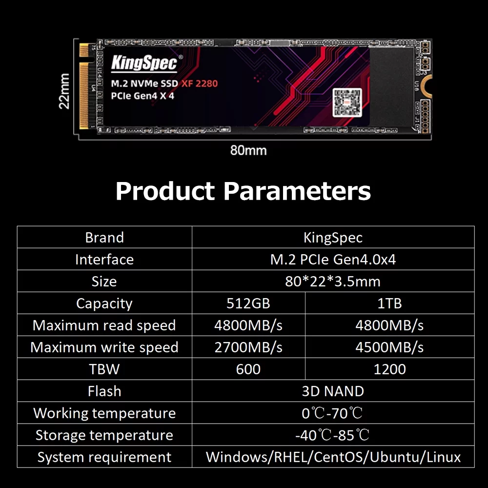 KingSpec Solid State Drives, XF 2280 1TB M.2 NVMe PCIe Gen4.0x4 SSD for Fast Data Transfer and Low Power Usage