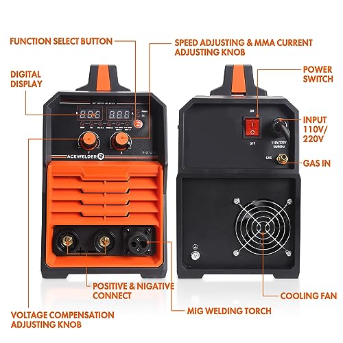 Digital 140A Gas Gasless MIG Welder, 110V/220V Dual Voltage, MIG/Flux MIG/Lift TIG/MMA Stick 4-in-1 Multiprocess Welding Machine IGBT DC Inverter