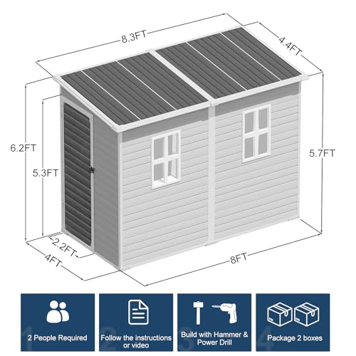Outdoor Resin Storage Shed 8x4x6 FT Lean to Shed with Floor Included 2 Windows Lockable Door,Waterproof Outside Plastic Sheds for Backyard Garden Patio Lawn Tools
