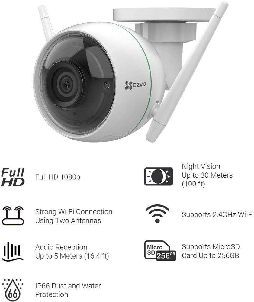EZVIZ Security Camera Outdoor 1080P WiFi, 100ft Night Vision, Weatherproof, Smart Motion Detection Zone, 2.4GHz WiFi Only(C3WN, 3 Packs)