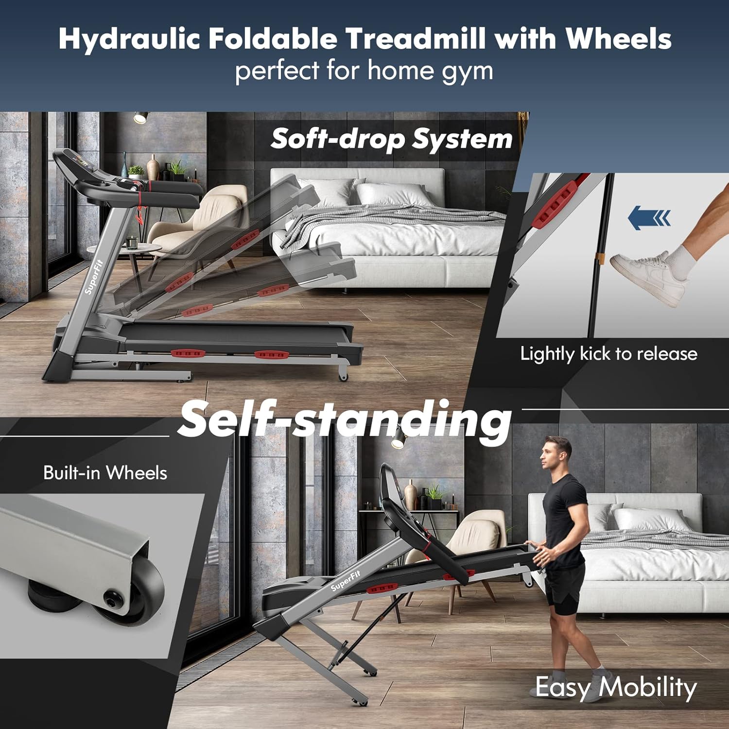 GYMAX Foldable Treadmill, 4.75HP Folding Treadmill with 15% Auto Incline, App Control, Bluetooth Speaker & Pules Sensor, Portable Self-Standing Treadmill with Incline for Home Gym