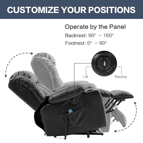 Power Lift Recliner Chair for Elderly, Electric Assist Lift Chairs with Massage & Heat, Cup Holders, Side Pockets, USB Ports, Remote Control, Leather (Ochre)