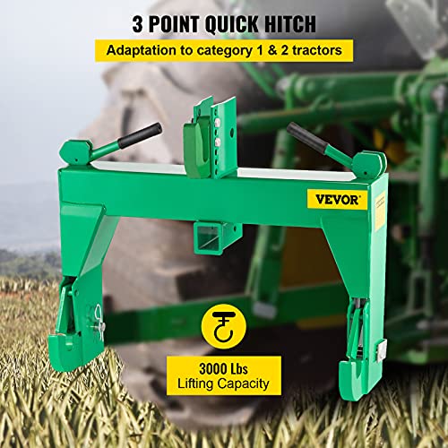 VEVOR 3-Point Quick Hitch, 3000 LBS Lifting Capacity Tractor Quick Hitch, 28.31" Between Lower Arms Attachments Quick Hitch, 5 Level Adjustable Bolt, Adaptation to Category 1 & 2 Tractor,Green