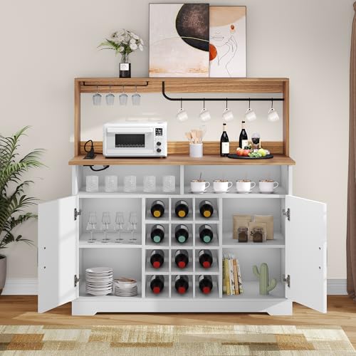 YITAHOME 47" Farmhouse Buffet Cabinet with Storage, Coffee Bar Cabinet with Power Outlet & Goblet Holder, Sideboard Cabinet for Kitchen, Living Room (Black Oak)