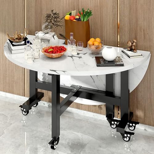 Drop Leaf Kitchen Table, Round Folding Dining Table for Small Spaces, Versatile Collapsible Extension Dinner Kitchen Office Desk Table, 6 Wheels, Sturdy Metal Frame, Space Saving, 4-8people (