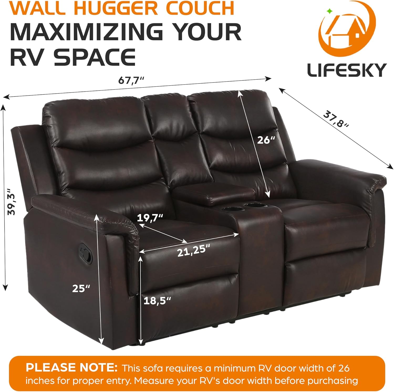 RV Loveseat Recliner Furniture Sofa - 68" Wall Hugger RV Couch with Console Cup Holder - Double Seat Reclining Chair for Motorhomes Camper Travel Trailers Fifth Wheel Browm