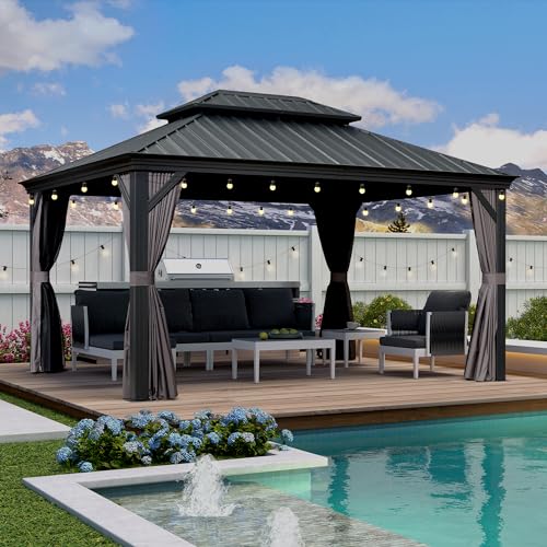 PURPLE LEAF 10' X 14' Permanent Hardtop Gazebo Aluminum Gazebo with Galvanized Steel Double Roof for Patio Lawn and Garden, Curtains and Netting Included, Grey