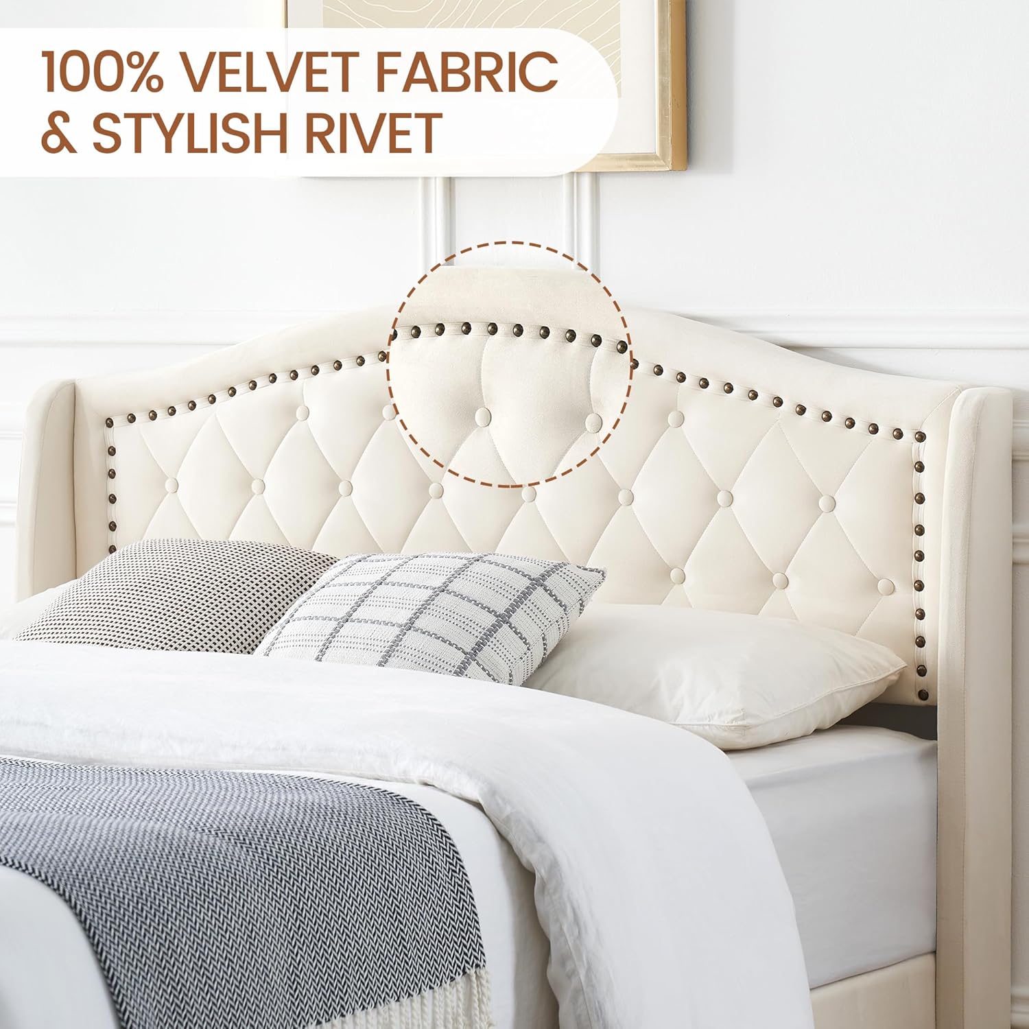 GAOMON Queen Size Upholstered Platform Bed Frame with Tall Headboard, Luxurious Velvet Button Tufted and Nailhead Trim Wingback, Arched Footboard, No Box Spring Needed, Beige