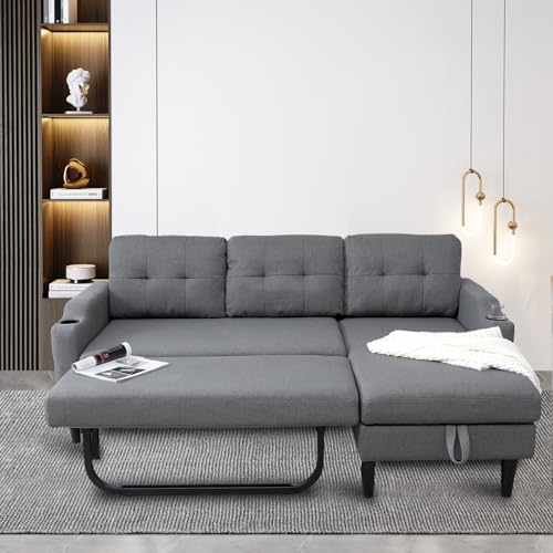 2-in-1 Design Pull Out Sleeper Sofa, Modern Upholstered L-Shaped Sofa with 2 Cup Holders & Side Storage Pocket, 3-Seat Storage Chaise Sectional Sofas for Living Room Office Apartment, Brown