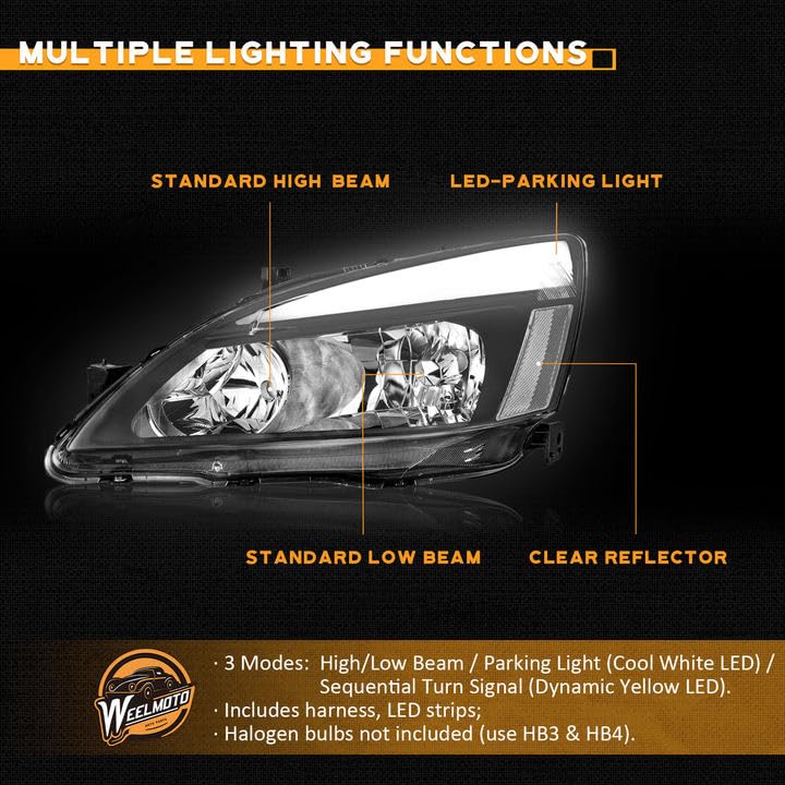 LED Headlight Assembly for 03 04 05 06 07 Honda Accord, for 2003-2007 Accord OE Headlamp with Sequential Turn Signal, Black Housing Clear ReflectorLeft+Right
