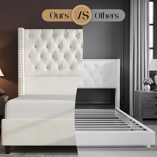 Jocisland King Upholstered Bed Frame with Tall Headboard Wingback Platform Bed Tufted Deep Button Velvet/No Box Spring Needed/Easy Assembly/Light Grey