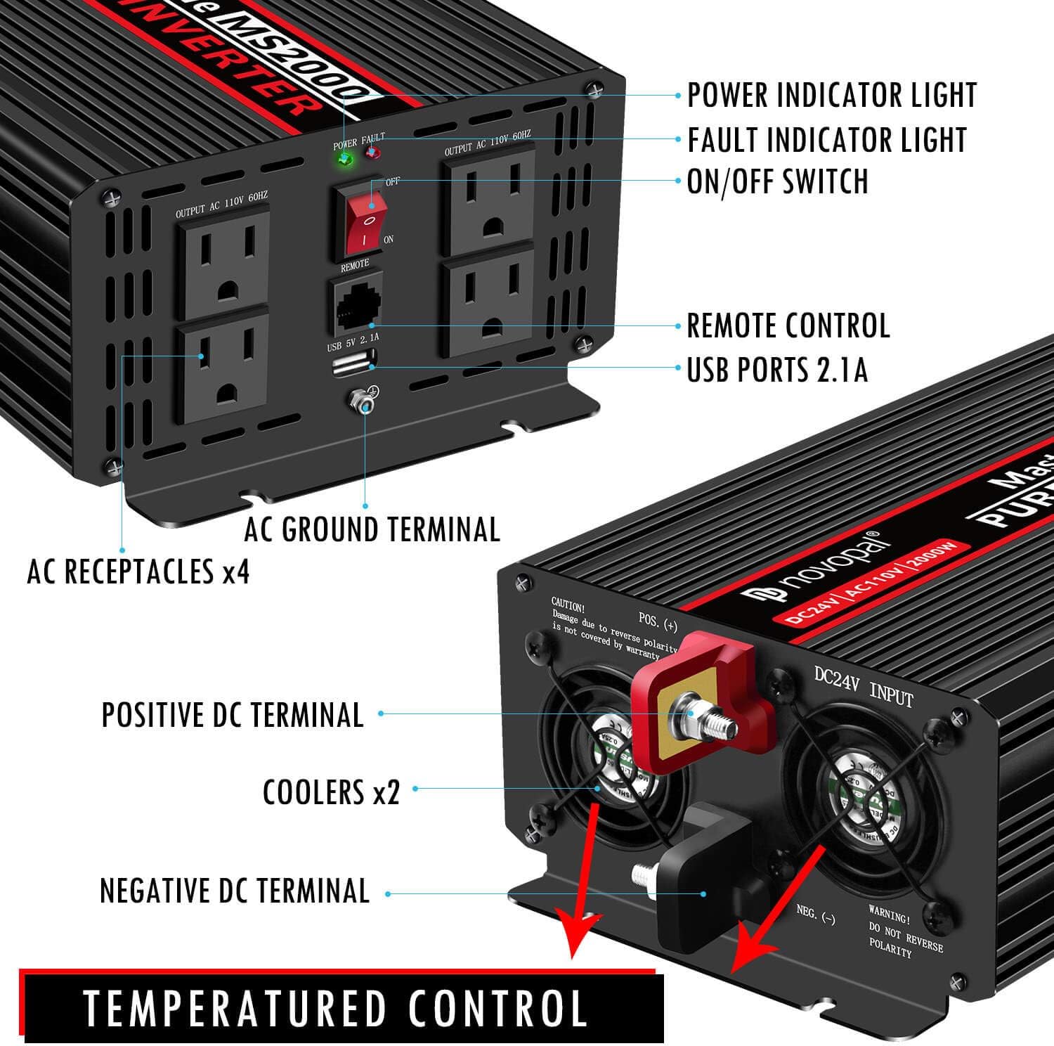 Novopal Power Inverter Pure Sine Wave-2000 Watt 24V DC to 110V/120V AC Converter- 4 AC Outlets Car Inverter with One USB Port-16.4 Feet Remote Control and Two Cooling Fans-Peak Power 4000 Watt