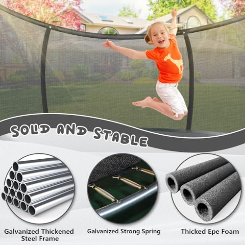 Trampoline 12FT 14FT 15FT 16FT Trampoline for Kids/Adults - Outdoor Recreational Trampolines with Enclosure Net Curved Poles and Ladder, Heavy Duty Trampoline Anti-Rust Coating, ASTM Approval